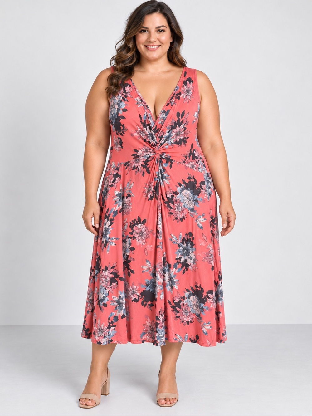 Michel Studio Coral Floral V-Neck Twist-Front Midi Dress – 3X